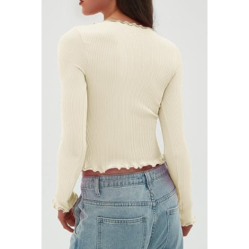 CHYRII Womens Fashion Fall Long Sleeve Tops Ruffled Low Cut Basic Layering Tee Shirts Crop Tops Beige M