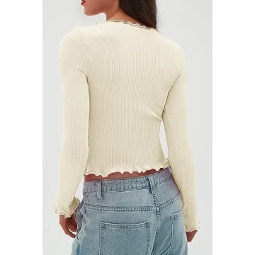 CHYRII Womens Fashion Fall Long Sleeve Tops Ruffled Low Cut Basic Layering Tee Shirts Crop Tops Beige M