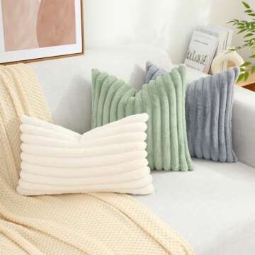 decorUhome Faux Fur Spring Throw Pillow Covers 12x20 Set of 2, Decorative Soft Plush Striped Lumbar Couch Pillow Covers with Velvet Back for Sofa, Bed, Living Room, Cream White