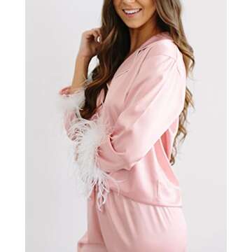 Belle's Design Feather Bridal Pajamas - Satin Silk Pants and Long Sleeve Feather Trim, Wedding, Bachelorette Party Sleepwear, Dusty Rose/Small