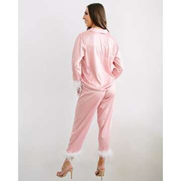 Belle's Design Feather Bridal Pajamas - Satin Silk Pants and Long Sleeve Feather Trim, Wedding, Bachelorette Party Sleepwear, Dusty Rose/Small