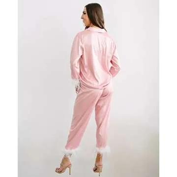 Belle's Design Feather Bridal Pajamas - Satin Silk Pants and Long Sleeve Feather Trim, Wedding, Bachelorette Party Sleepwear, Dusty Rose/Small