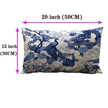 Wozukia Birds and Peonies in Blue Color Throw Pillow Cover Abstract Pattern in Chinoiserie Style with Peacock Cotton Linen Decorative Rectangular Pillowcase for Sofa and Bed Couch 12"X20"