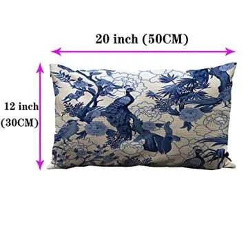 Wozukia Birds and Peonies in Blue Color Throw Pillow Cover Abstract Pattern in Chinoiserie Style with Peacock Cotton Linen Decorative Rectangular Pillowcase for Sofa and Bed Couch 12"X20"