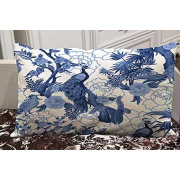 Wozukia Birds and Peonies in Blue Color Throw Pillow Cover Abstract Pattern in Chinoiserie Style with Peacock Cotton Linen Decorative Rectangular Pillowcase for Sofa and Bed Couch 12"X20"
