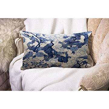 Wozukia Birds and Peonies in Blue Color Throw Pillow Cover Abstract Pattern in Chinoiserie Style with Peacock Cotton Linen Decorative Rectangular Pillowcase for Sofa and Bed Couch 12"X20"