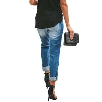 KUNMI Women's Ripped Mid Waisted Boyfriend Jeans Loose Fit Distressed Stretchy Denim Pants