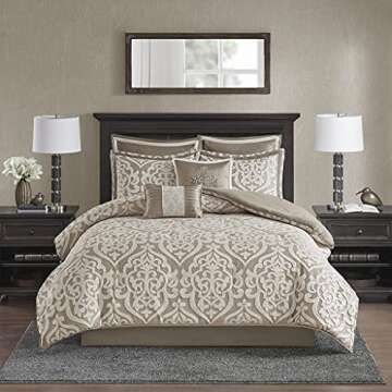 Madison Park Odette Cozy Comforter Set Jacquard Damask Medallion Design - Modern All Season, Down Alternative Bedding, Shams, Decorative Pillow, King(104 in x 92 in), Tan 8 Piece