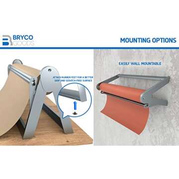 Bryco Goods 18” Paper Roll Dispenser and Cutter, Wall Mountable & Non-Slip Tabletop, Heavy-Duty Steel Frame – Kraft, Butcher, Freezer, Wrapping Paper Holder – for Home, Office, Craft Projects