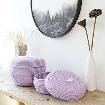 Sea Team Round Cotton Rope Storage Basket with Lid, Decorative Woven Storage Bin, Pot, Caddy, Organi...