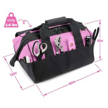 Pink Power Pink Tool Bag for Women -16" Tool Tote Bag w/ 22 Storage Pockets - Womens Small Tool Bag Ladies Tool Box for Hand Tools, Power Tool Kits & More - Womens Zipper Toolbag Tool Caddy Organizer