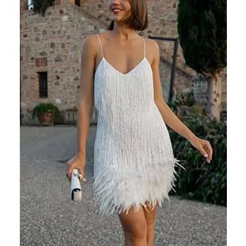 ECDAHICC Women's Flapper Dress Sequins Fringe Strappy Dress Gillter 1920s Gatsby Feather Club Bodycon Mini Dresses (WH,S)