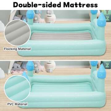 ROMPICO Inflatable Toddler Travel Bed with Safety Bumper,Portable Castle Toddler Bed with 4 Sides for Kids, Ideal for Vacation,Camping and Sleepover,Electric Pump Included (Blue)