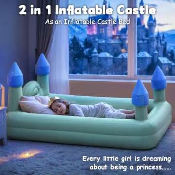 ROMPICO Inflatable Toddler Travel Bed with Safety Bumper,Portable Castle Toddler Bed with 4 Sides for Kids, Ideal for Vacation,Camping and Sleepover,Electric Pump Included (Blue)