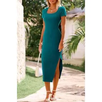 CFLONGE Women Summer Dress Short Sleeve Solid Color Cocktail Party Sweater Dress Long Kint Ribbed Maxi Dresses for Women(Dark Green,XX-Large)