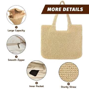 Vipost Straw Beach Tote Bag for Women Large Beige Summer Woven Straw Bag Lightweight Sturdy Shoulder...