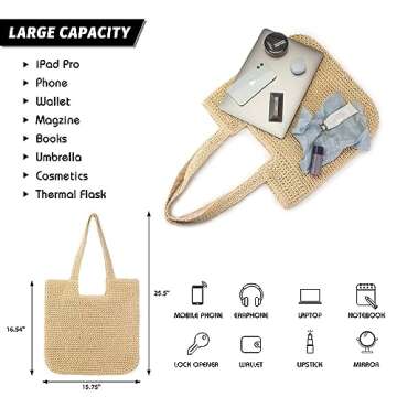 Vipost Straw Beach Tote Bag for Women Large Beige Summer Woven Straw Bag Lightweight Sturdy Shoulder Handbags for Travel,Vacation