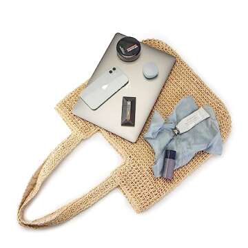 Vipost Straw Beach Tote Bag for Women Large Beige Summer Woven Straw Bag Lightweight Sturdy Shoulder Handbags for Travel,Vacation