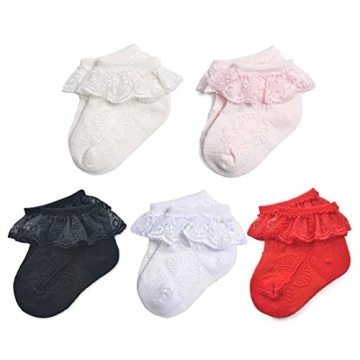 EPEIUS 5 Pairs Baby-Girls Eyelet Frilly Lace Socks - Perfect for Ages 0-10!