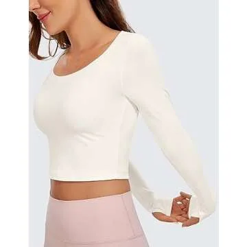 CRZ YOGA Butterluxe Long Sleeve Crop Tops for Women Slim Fit Workout Shirts Cropped Athletic Gym T-Shirts White Apricot Large