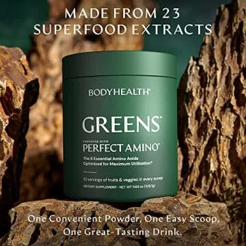 BodyHealth Greens Enhanced with PerfectAmino - Daily Superfood Green Apple Smoothie Powder with Vegetables, Fruit, Antioxidants, Prebiotics, Probiotics, Fiber, and Protein - 30 Servings