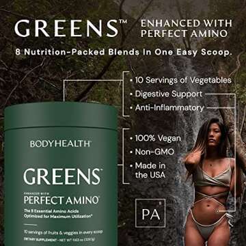 BodyHealth Greens Enhanced with PerfectAmino - Daily Superfood Green Apple Smoothie Powder with Vegetables, Fruit, Antioxidants, Prebiotics, Probiotics, Fiber, and Protein - 30 Servings