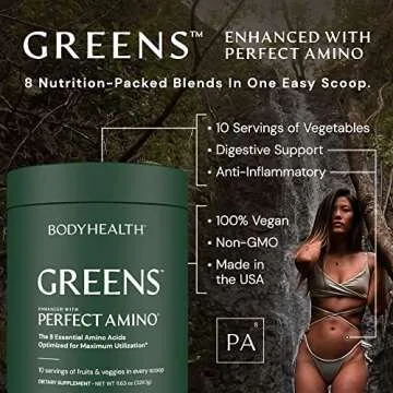 BodyHealth Greens Enhanced with PerfectAmino - Daily Superfood Green Apple Smoothie Powder with Vegetables, Fruit, Antioxidants, Prebiotics, Probiotics, Fiber, and Protein - 30 Servings