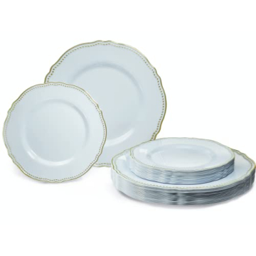 50 Plates Pack OCCASIONS - Elegant Disposable Plastic Tableware Set - Rochelle Blue and Gold (25 Din...