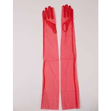 QRBTSCL Women's Wedding Bridal Mesh Tulle Gloves Long Opera Costume Party Gloves 27" Elbow Length Sheer Gloves Red