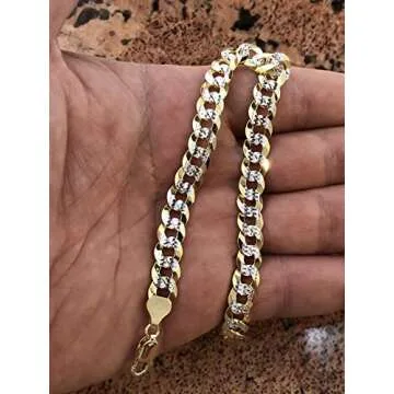 HarlemBling Men's Cuban Link Bracelet 14k Gold Over Solid 925 Sterling Silver Bracelet - 8.5" 8mm - Two Tone Diamond Cut Pave