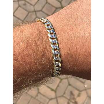 HarlemBling Men's Cuban Link Bracelet 14k Gold Over Solid 925 Sterling Silver Bracelet - 8.5" 8mm - Two Tone Diamond Cut Pave