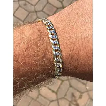 HarlemBling Men's Cuban Link Bracelet 14k Gold Over Solid 925 Sterling Silver Bracelet - 8.5" 8mm - Two Tone Diamond Cut Pave
