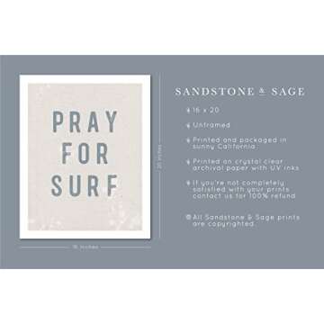 Pray For Surf Wall Art, Beach Decor Poster Print, Boho Beach Prints for Home Decor, Inspirational Art Quotes for Office, Bedroom, Teen, Dorm Room, Living Room, Beach House (16 x 20, Blue)