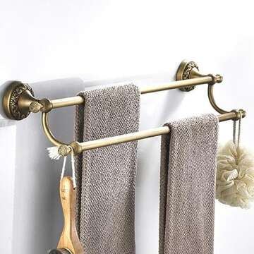 Antique Bronze Brass Double Towel Bar,Adjustable 15.5 to 27.5 Inch Bath Towel Bar Rack for Bathroom Towel Holder, Wall Mounted Bathroom Hardware Accessories,Pattern Carving Design