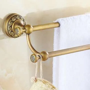 Antique Bronze Brass Double Towel Bar,Adjustable 15.5 to 27.5 Inch Bath Towel Bar Rack for Bathroom Towel Holder, Wall Mounted Bathroom Hardware Accessories,Pattern Carving Design