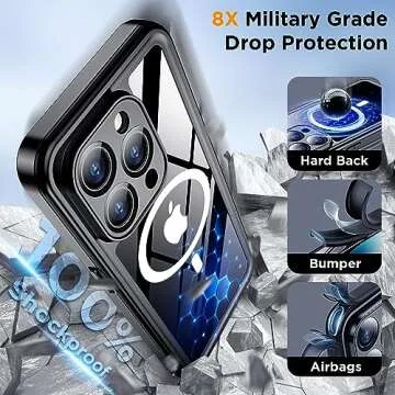 Temdan Magnetic for iPhone 15 Pro Max Case Waterproof,Built-in Screen Protector [IP68 Underwater][15FT Military Dropproof][Compatible with MagSafe] Full-Body Shockproof 15 Pro Max Case 6.7''Black