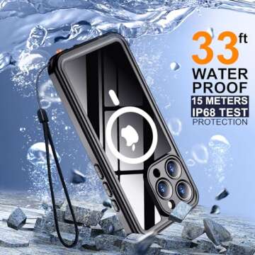 Temdan Magnetic for iPhone 15 Pro Max Case Waterproof,Built-in Screen Protector [IP68 Underwater][15FT Military Dropproof][Compatible with MagSafe] Full-Body Shockproof 15 Pro Max Case 6.7''Black