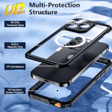 Temdan Magnetic for iPhone 15 Pro Max Case Waterproof,Built-in Screen Protector [IP68 Underwater][15FT Military Dropproof][Compatible with MagSafe] Full-Body Shockproof 15 Pro Max Case 6.7''Black