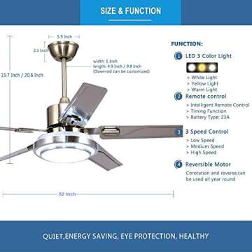 LUOLAX 52 Inch Ceiling Fan with Light Remote Control, Indoor Stainless Steel 5 Blades Ceiling Fans w...