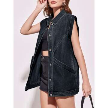 PLNOTME Women's Oversized Sleeveless Denim Vest - Casual Utility Jacket