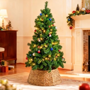 Sweetcrispy 24inch Christmas Tree Collar for 4-7ft Trees, Woven Hyacinth Rattan 4-Panel Collar w/Cor...