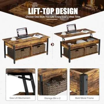Rolanstar Coffee Table with Lift Top and Rustic Storage