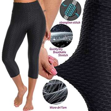 FITTOO Women's Textured Booty Scrunch Capri Leggings Ruched Yoga Pants Butt Lifting Workout Tights Black M