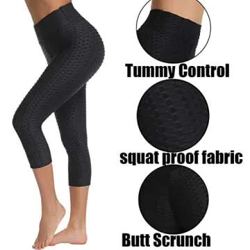 FITTOO Women's Textured Booty Scrunch Capri Leggings Ruched Yoga Pants Butt Lifting Workout Tights Black M