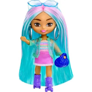 Barbie Extra Mini Minis Doll with Blue Hair, Sporty Outfit, Roller Skates & Accessories & Stand, 3.2...
