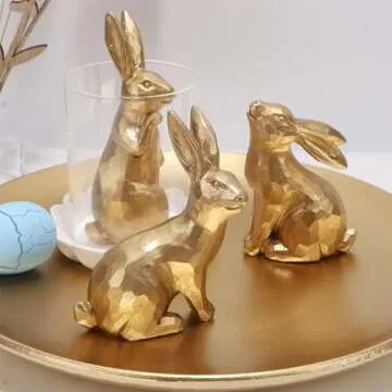 Glintoper 3 Pack Easter Bunny Figurines Decor, Mini Resin Golden Bunnies Spring Sculpture Tabletop Ornament, Rabbits Festival Present for Garden Home Table Office Dining Room Mantle Party Supplies
