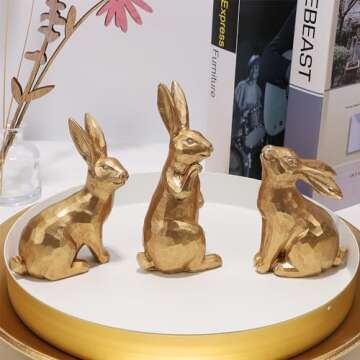 Glintoper 3 Pack Easter Bunny Figurines Decor, Mini Resin Golden Bunnies Spring Sculpture Tabletop Ornament, Rabbits Festival Present for Garden Home Table Office Dining Room Mantle Party Supplies