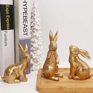 Glintoper 3 Pack Easter Bunny Figurines Decor, Mini Resin Golden Bunnies Spring Sculpture Tabletop Ornament, Rabbits Festival Present for Garden Home Table Office Dining Room Mantle Party Supplies