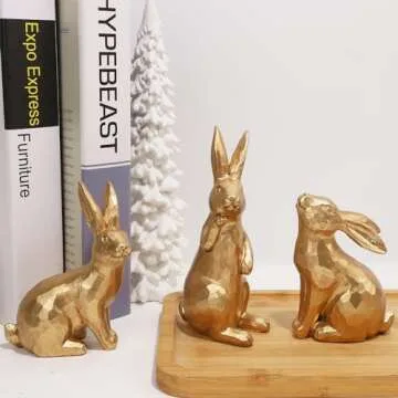 Glintoper 3 Pack Easter Bunny Figurines Decor, Mini Resin Golden Bunnies Spring Sculpture Tabletop Ornament, Rabbits Festival Present for Garden Home Table Office Dining Room Mantle Party Supplies