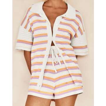 Flygo Striped Crochet Pajama Sets for Women - Cozy 2 Piece Lounge Sets